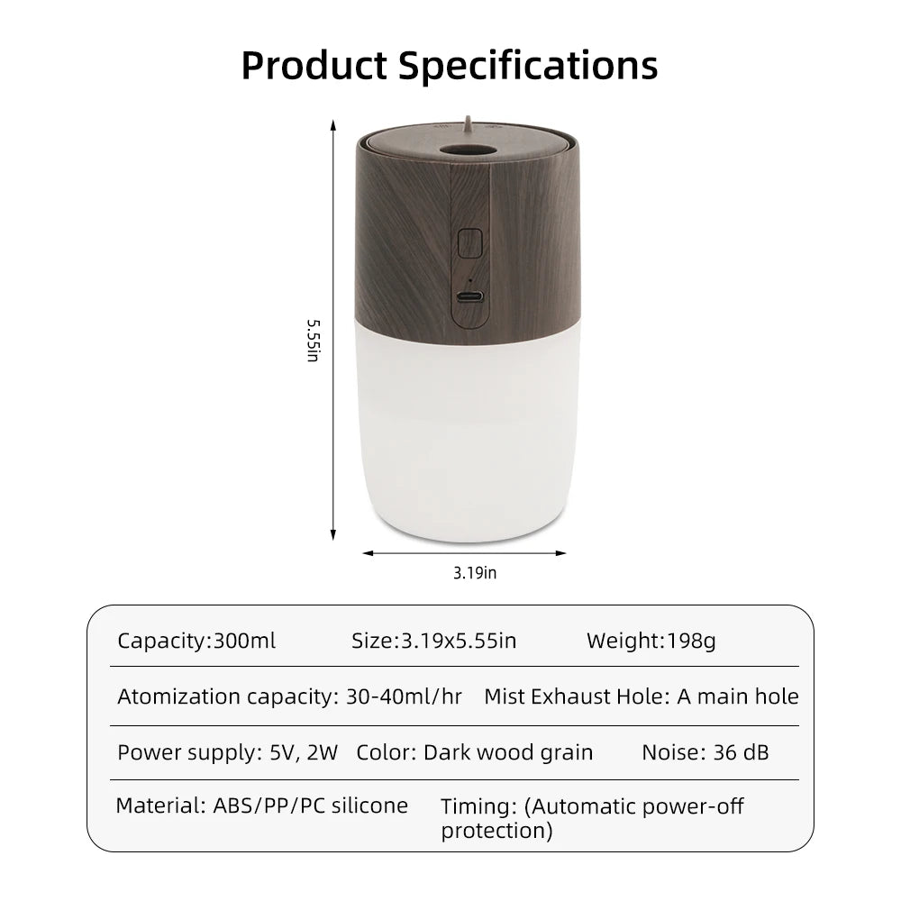 300ml Wood Grain Ultrasonic Diffuser – 7 LED Colors + Oils